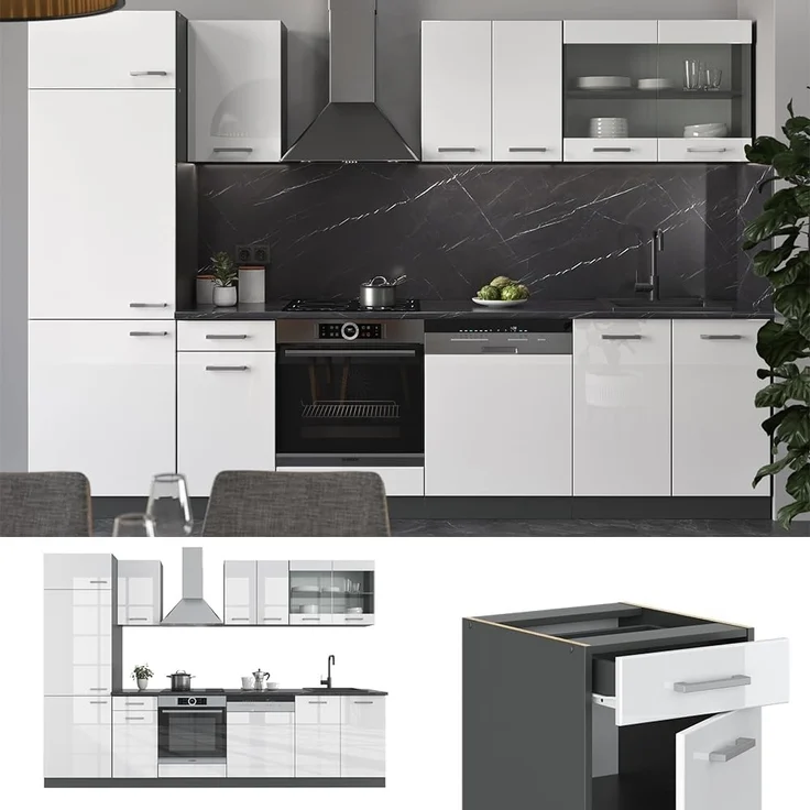 Küchenzeile R-Line Weiß Hochglanz/Anthrazit 300 cm ohne Arbeitsplatte Vicco – Bild 5