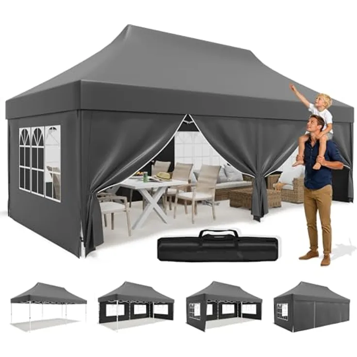 JUMMICO Faltpavillon 3x6 mit Hoher Spitze, um 60% Verbesserte Regenschutzleistung. UV 50+, Pavillon 3x6 Wasserdicht Stabil Winterfest, Shelter mit seitenwänden, für Garten und Camping, Dunkelgrau