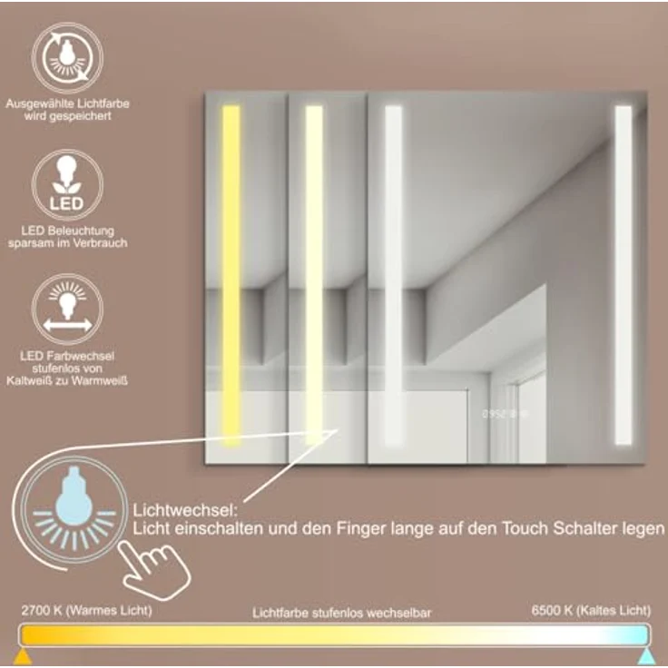 HOKO LED Badspiegel 50x70/60x80 cm mit Digitaluhr, Antibeschlag, Touchsteuerung und dimmbarem Licht (Warmweiß - Kaltweiß - Neutral), IP44, 5mm HD Glas – Bild 3