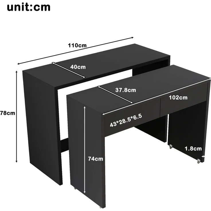 ZUBALIYA Regalschreibtisch + Kommode-2-in-1 Kompaktschreibtisch, ausziehbar,der gesamte Tisch ist aus 1,8 cm starkem Holz gefertigt, mit Rollen ausgestattet, flexibel kombinierbar,Faltbarer Schreibtisch – Bild 6