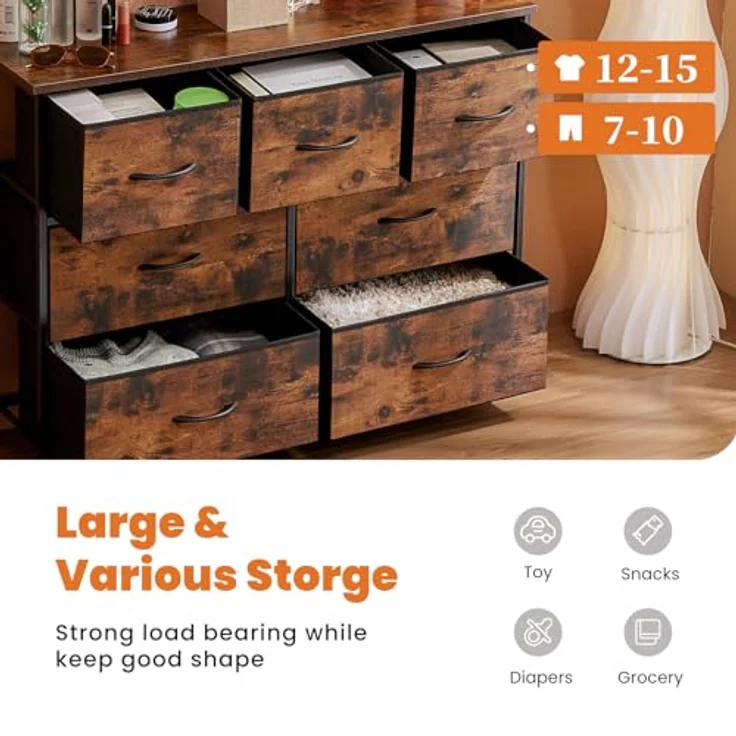 DUMOS Kommode für Schlafzimmer mit 7 Stoffschubladen, hohe Kommode Organizer für Kleidung, Schrank Kinderzimmer, Aufbewahrungsturm mit Schrank, Metallrahmen, Holzplatte, leichte Kinderzimmermöbel – Bild 4