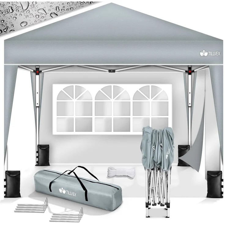 tillvex Pavillon 3x3m Grau wasserdicht mit 2 Seitenteilen + 4er Set Sandsäcke | Pop-Up Faltpavillon stabil & höhenverstellbar | Gartenzelt UV Schutz 50+ | Partyzelt mit Tasche für Garten – Bild 6