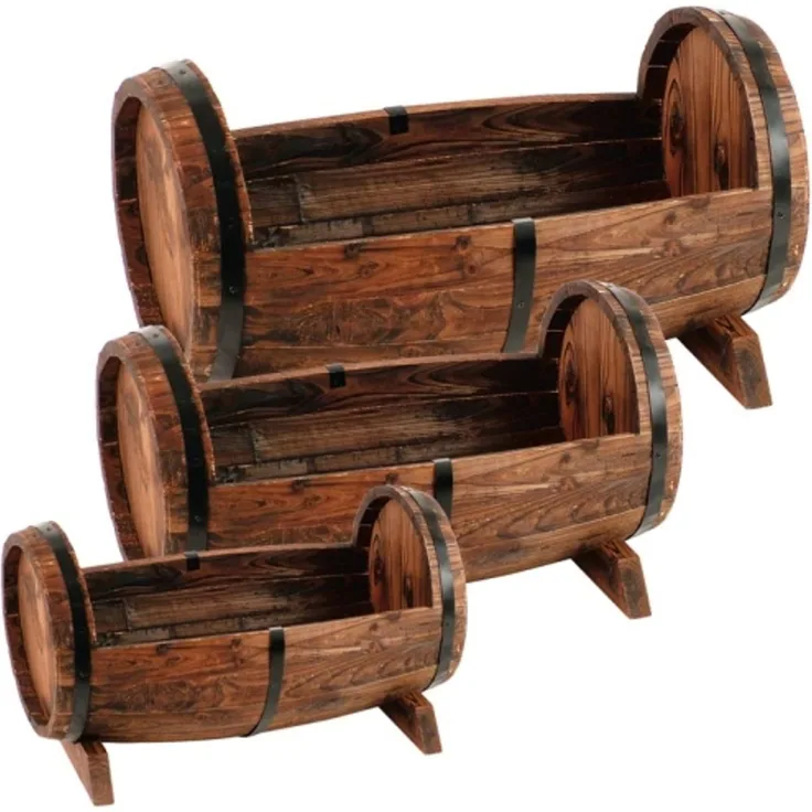 Holz-Pflanzfässer 3er-Set Blumentopf Pflanzkasten Pflanzschale Blumenkasten Deko