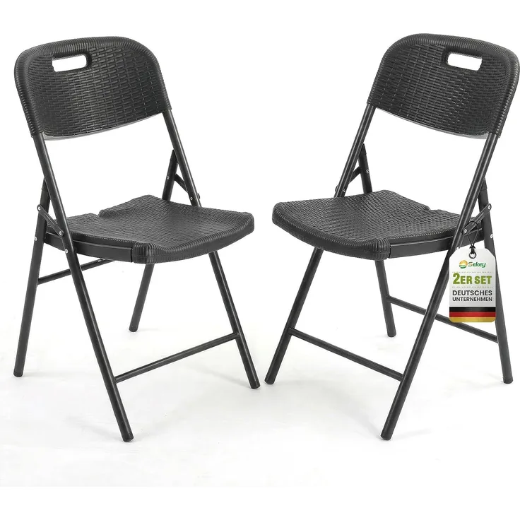 Sekey Klappstuhl 2er Set, Klappstühle aus Kunststoff und Metall, Campingstuhl Gartenstuhl Klappbar bis 150KG, Schwarz Rattanoptik