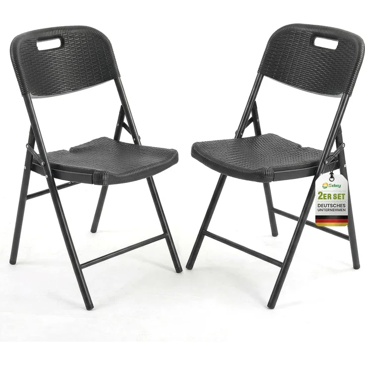 Sekey Klappstuhl 2er Set, Klappstühle aus Kunststoff und Metall, Campingstuhl Gartenstuhl Klappbar bis 150KG, Schwarz Rattanoptik – Bild 1