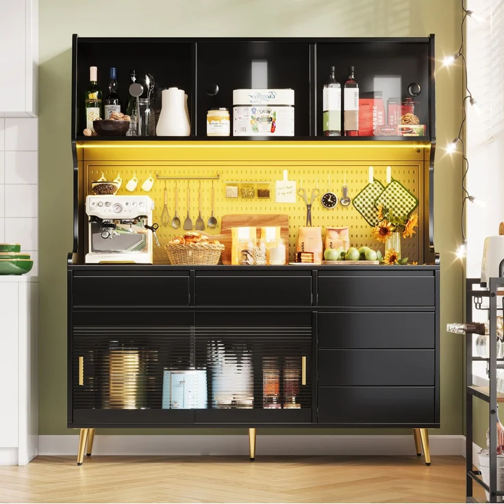 Hochschrank 145x39x171 cm mit LED-Beleuchtung, Schiebetüren und geriffelter Glasfront – MDF, Glas & Metall, Schwarz – Bild 3