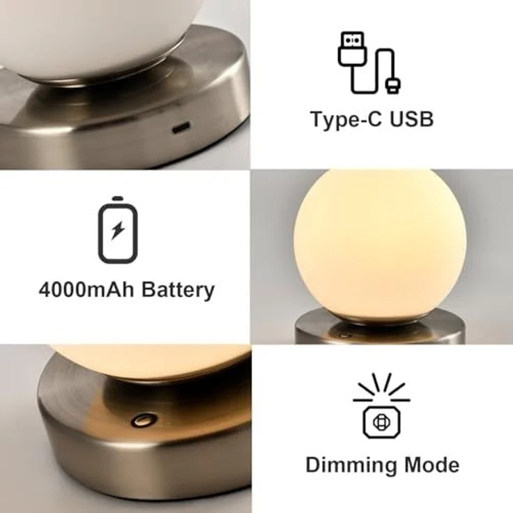 LQWELL Nachttischlampe Nachttischleuchte, Tischlampe Tischleuchte, 3 Dimmstufen USB Wiederaufladbar, LED fest integriert, Warmweiß, Touch Beistelltischlampe Leselampe Kugel Glas – Bild 6