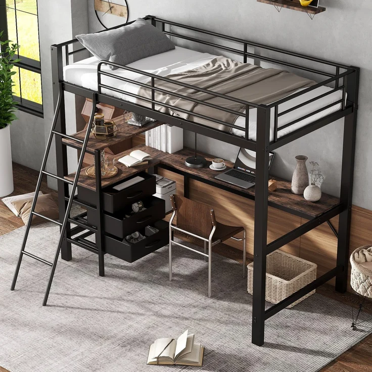 Hochbett mit Rausfallschutz, Lattenrost, Regal und Schreibtisch, 90x200 cm, Metallbett, Kinderbett, Jugendbett – Bild 4