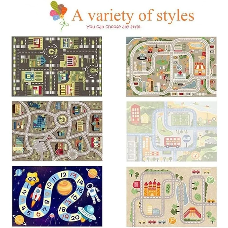 TYKTZXY Kinderteppich Spielen Teppich Straße Auto Tier Universum Blau Grün Grau(100×160cm,39×63inch) – Bild 5
