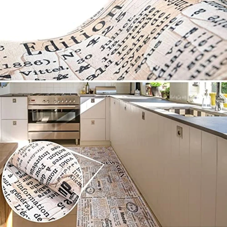 ANRO Küchenläufer Hochwertig GreenLine Flurläufer Teppichläufer Textil, Eckig, Bodenläufer 100x52cm Newspaper Beige pflegeleicht – Bild 3