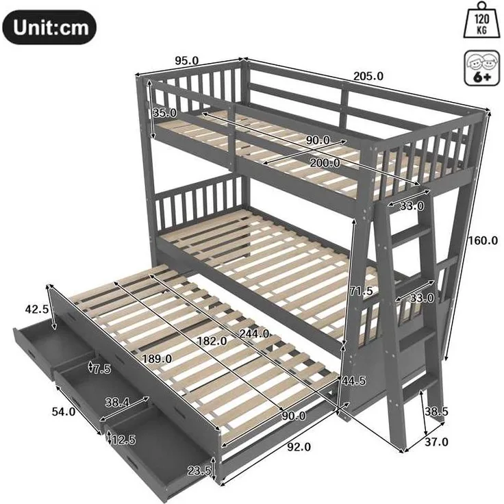 Bett 90x200 cm mit Ausziehbett und 3 Schubladen – Kiefernholz/MDF, Grau