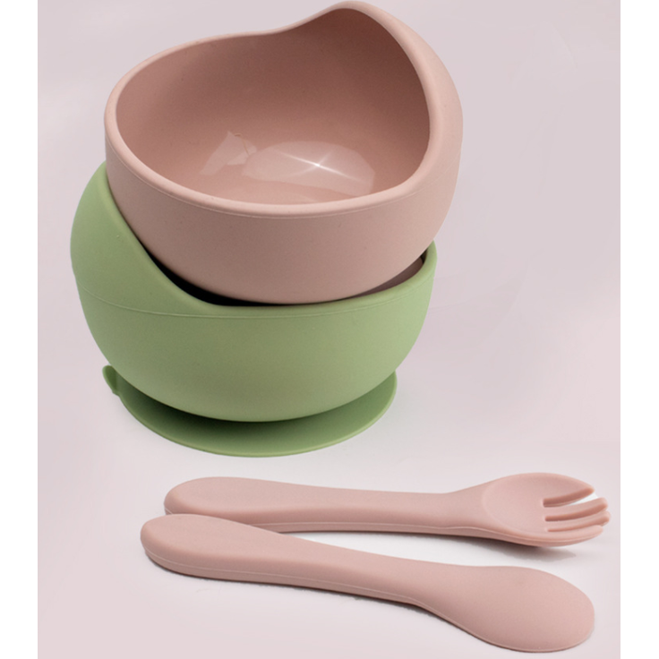 ABC Baby-Silikongeschirr-Set, bestehend aus lebensmittelechtem Silikon-Schüssel mit Saugnapf, Trennteller, Gabel, Löffel und Lätzchen – hautfarben – Bild 4