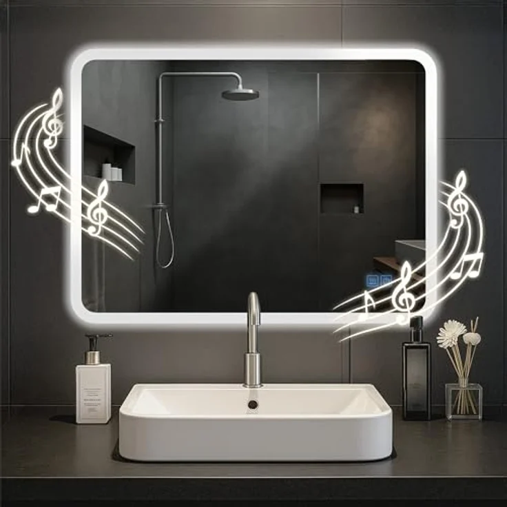 CLP Badspiegel Jericho Bluetooth-Lautsprecher Anti-Beschlag LED-Beleuchtung dimmbar,60x80 cm – Bild 2