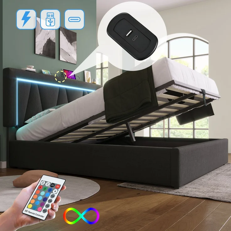Wohnora-Polsterbett LED Doppelbett mit USB Typ C Ladefunktion und LED-Beleuchtung,Stauraumbetten Bettgestell aus Leinenmaterial Jugendbett 160x200 mit lattenrost(Mit Matratze),Grau – Bild 3