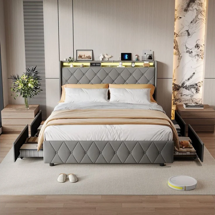 PXloue Polsterbett Led Doppelbett (1-tlg, Modernes Jugendbett, Leises Design Bett, Samtmaterial Polsterbett), Mit LED-Beleuchtung und Ladefunktion, Belastbarkeit 300 kg – Bild 3