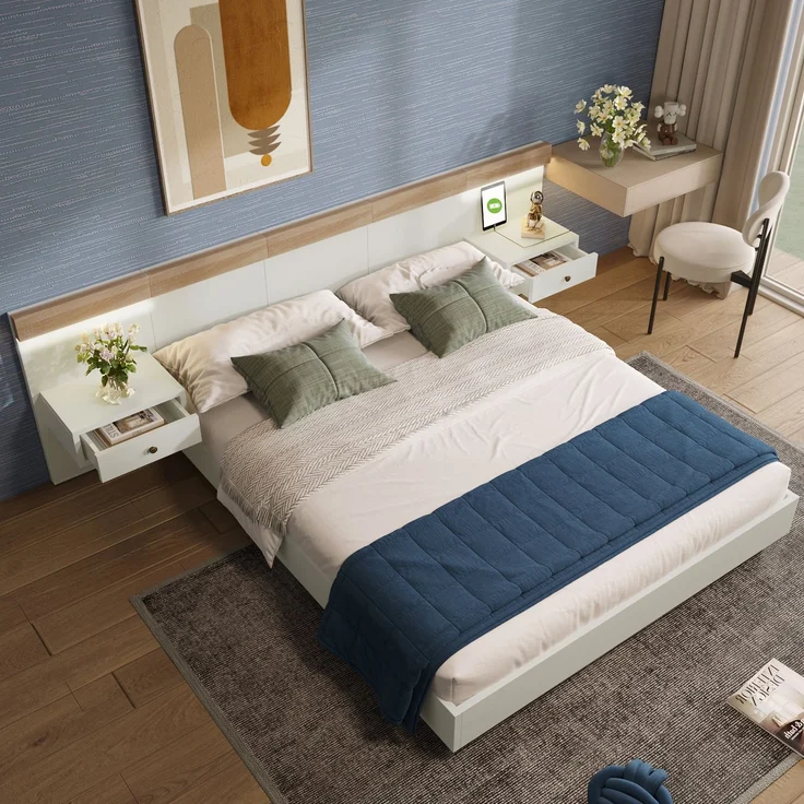 EINHOM Doppelbett Bettanlage mit 2 LED Nachtkommoden & USB C Steckdose 140 x 200 cm Holzbett Inkl 2 Nachttischen Schlafzimmer Komplett--205 x 244 cm × 90,5 cm (l/B/H) Set in Eiche Sonoma/Weiß, (Ohne Matratze) – Bild 6