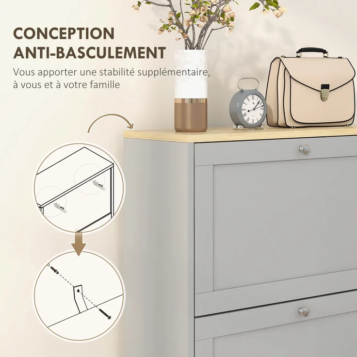 Schuhschrank für 18 Paar Schuhe, Schuhschrank mit 3 Klappschubladen, verstellbaren Einlegeböden, 60 x 23,5 x 115 cm, grau – Bild 9