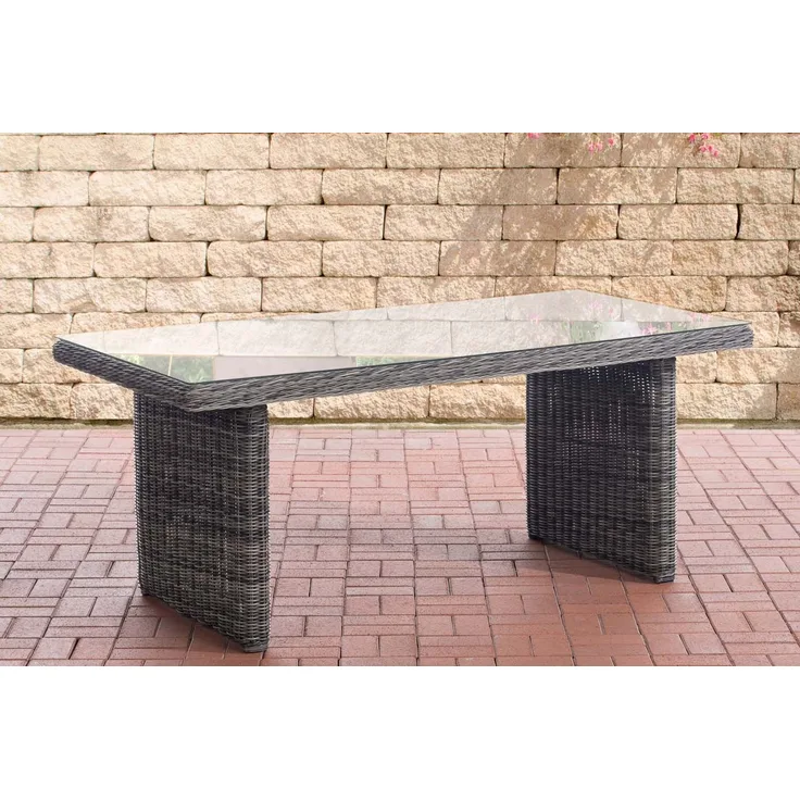 CLP Polyrattan Garten Esstisch Fontana 180 x 90 cm mit einer Tischplatte aus Glas,grau-meliert