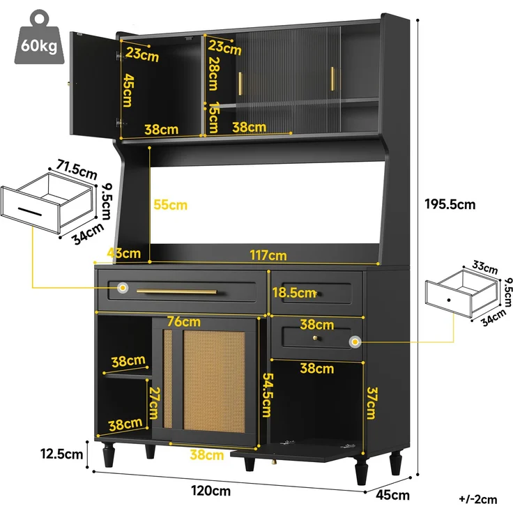 Küchenschrank, Hochschrank,Vitrinenschrank, Buffetschrank mit Verstellbaren Ablagen, Esszimmerschrank mit 3 Schubladen,Sideboard mit LED-Beleuchtung, PE-rattan, schwarz--Schwarz--120x45x195.5cm--YOUDENOVA – Bild 6