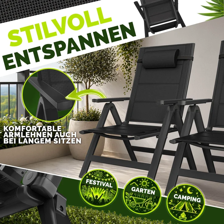 tillvex Gartenstuhl mit Polster Premium 2 Stück Schwarz klappbar aus Aluminium | Hochlehner mit Armlehnen | Klappstuhl verstellbar | Klappsessel Balkon Garten Terrasse – Bild 4