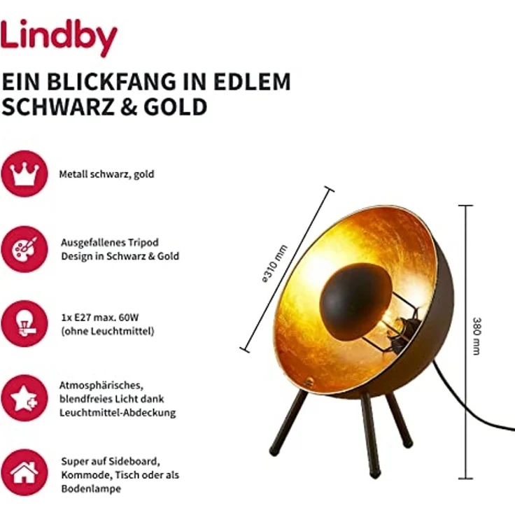 Lindby Tischleuchte Muriel, Metall, Schwarz IP20, 1x60 W – Bild 2