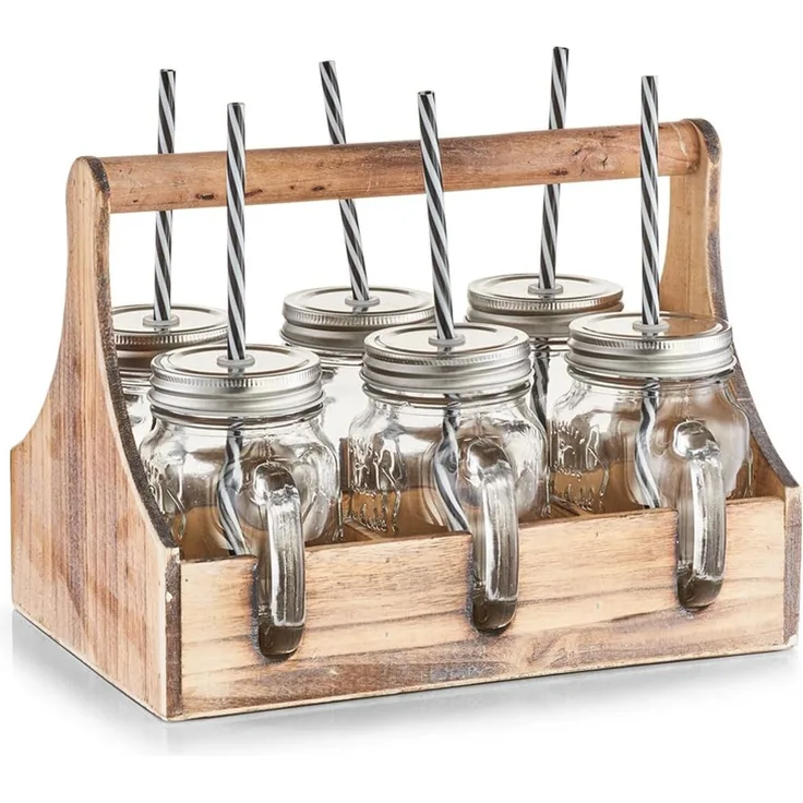 ZELLER 19747 Trinkgläser-Set 7-tlg, Glas/Metall/Holz, 29 x 22,5 x 22 cm