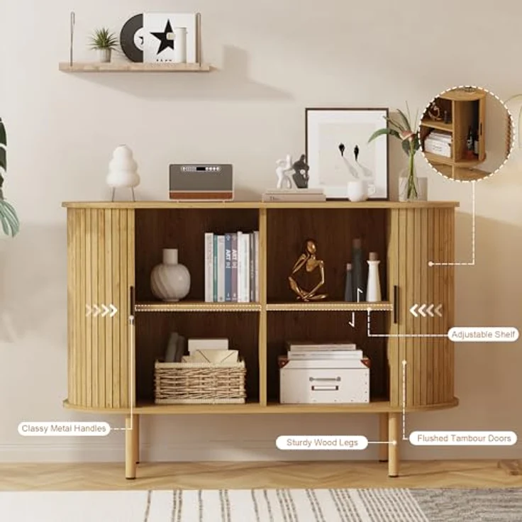 GarveeHome Ovales Sideboard, Buffet mit Schiebetüren, 2-stöckiger Wohnzimmerschrank mit verstellbaren Einlegeböden, für Wohnzimmer, 120 x 40 x 80 cm – Bild 3