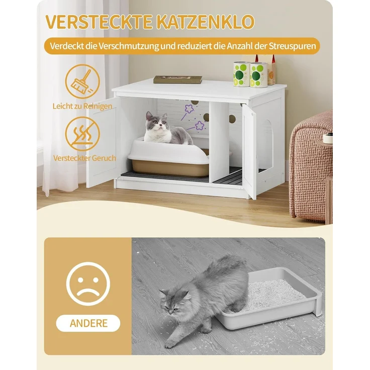Katzenklo Schrank, Katzenschrank, Katzentoilette mit Herausnehmbarer Trennwand, Katzenhaus, Umkehrbarer Eingang Links oder Rechts, als Sideboard, 80 x 50 x 54 cm, Weiß – Bild 6