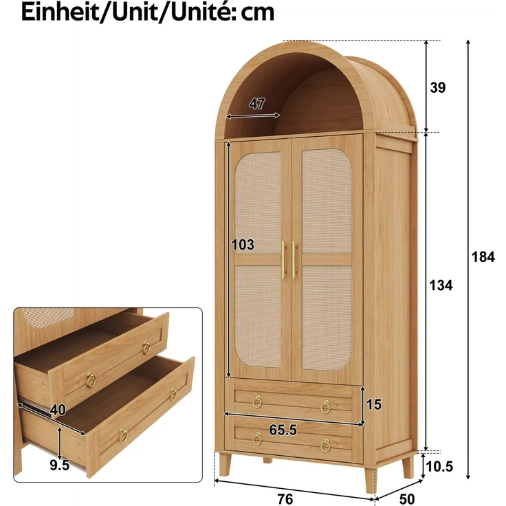 Kleiderschrank 76 x 50 x 184 cm in Natur mit Rattan-Dekor und App-gesteuerter LED-Beleuchtung – Bild 4