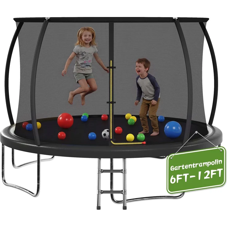 Devoko Gartentrampolin mit Sicherheitsnetz, Leiter, Randabdeckung, Stahlrahmen, Schwarz, Ø 360 cm – Bild 4