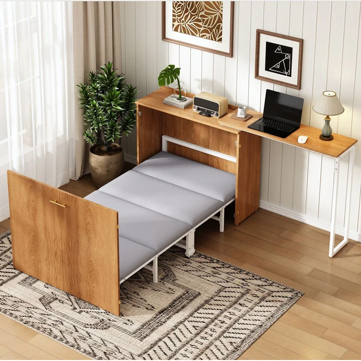 Klappbett mit drehbarem Schreibtisch und Matratze, platzsparendes Schrankbett mit Rollen, ideal für kleine Räume, Gästezimmer und Homeoffice – Bild 2