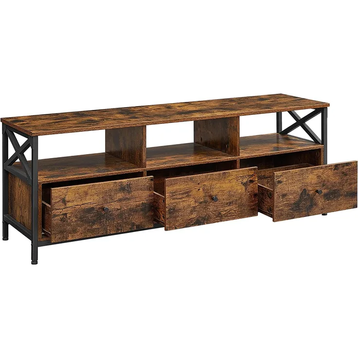 VASAGLE TV Cabinet, Lowboard für Fernseher bis zu 65 Zoll, TV-Schrank mit 3 Schubladen, 147 x 40 x 50 cm, Industrie-Design, Stahlgestell, vintagebraun-schwarz LTV301B01
