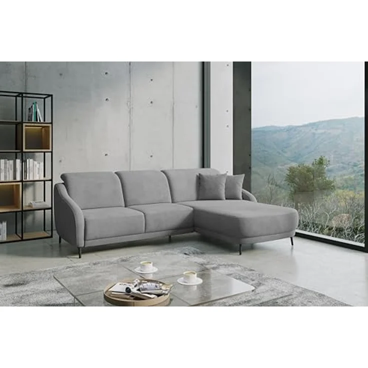 CAVADORE Ecksofa Blue/Moderne Eckcouch mit Longchair, inklusiv Kopfteilverstellung und mattschwarzen Metallfüßen / 271 x 93 x 191 / Mikrofaser, Mittelgrau – Bild 2