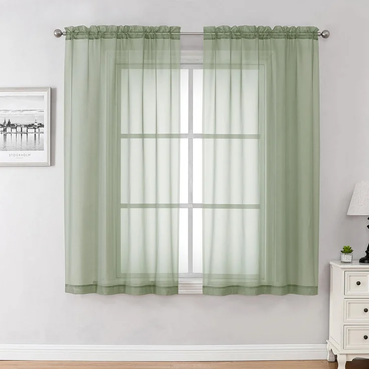 Chyhomenyc Durchsichtige Vorhänge, 114 cm lang, 2 Paneele, Kurze Voile-Vorhänge für Esszimmer, kleine Fenster, Badezimmer, Wohnzimmer, Schlafzimmer, 106x114 cm (B x L), Salbeigrün
