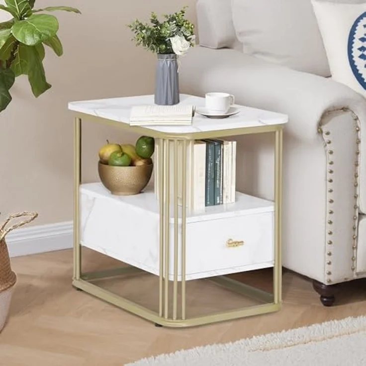 M MCombo Beistelltisch mit Schublade, Modern Sofatisch Marmor Weiß Gold, Klein Kaffeetisch Metallgestell, Nachttisch mit 2 Ablagen, Couchtisch für Wohnzimmer, 60x40x55, 2138 – Bild 2