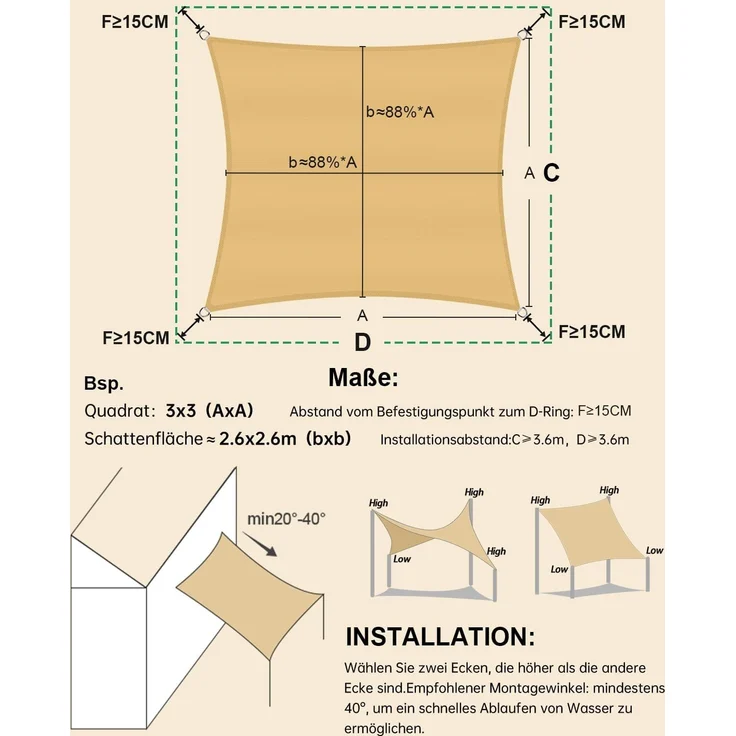 LOVE STORY Sonnensegel Wasserdicht 4x4 m Quadrat PES Polyester Sonnenschutz Windschutz Balkon Terrasse 95% UV-Schut,für Balkon Garten,Sandbeige – Bild 4