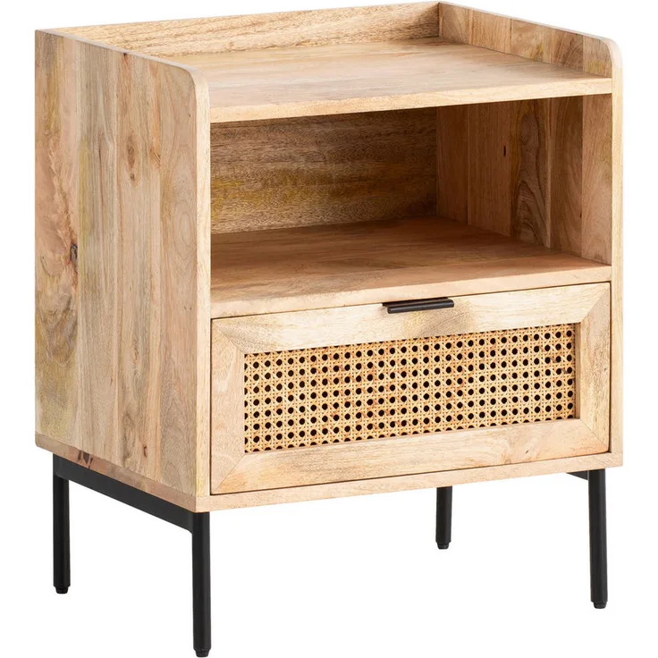 MID.YOU Nachtschrank aus massivem Mangoholz und Rattan, Naturfarbe, mit 1 Schublade, 50x60x40 cm