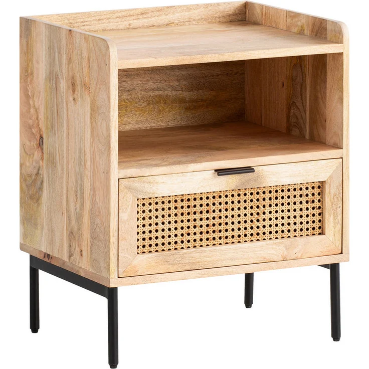 MID.YOU Nachtschrank aus massivem Mangoholz und Rattan, Naturfarbe, mit 1 Schublade, 50x60x40 cm