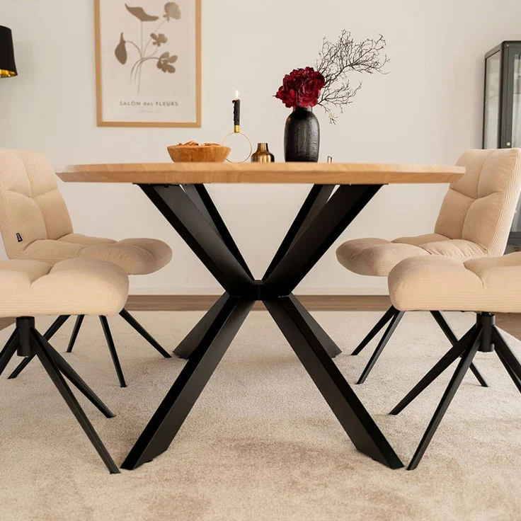 HOME DELUXE Essgruppe Oval inkl. Sternfuß - 200 x 120 cm Fishbone Oak 4 Stühle Beige – Bild 2