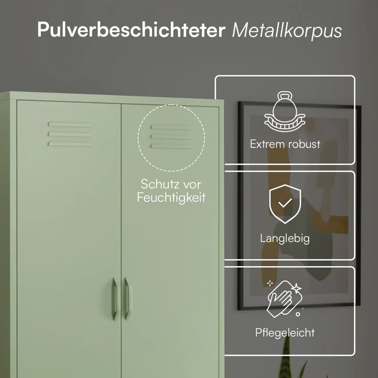 skølm 'Atria' Kleiderschrank mit 3 Schubladen, Metall, 170x45x80 cm, grün, Garderobe mit 4 Fächern und 2 Kleiderstangen – Bild 4
