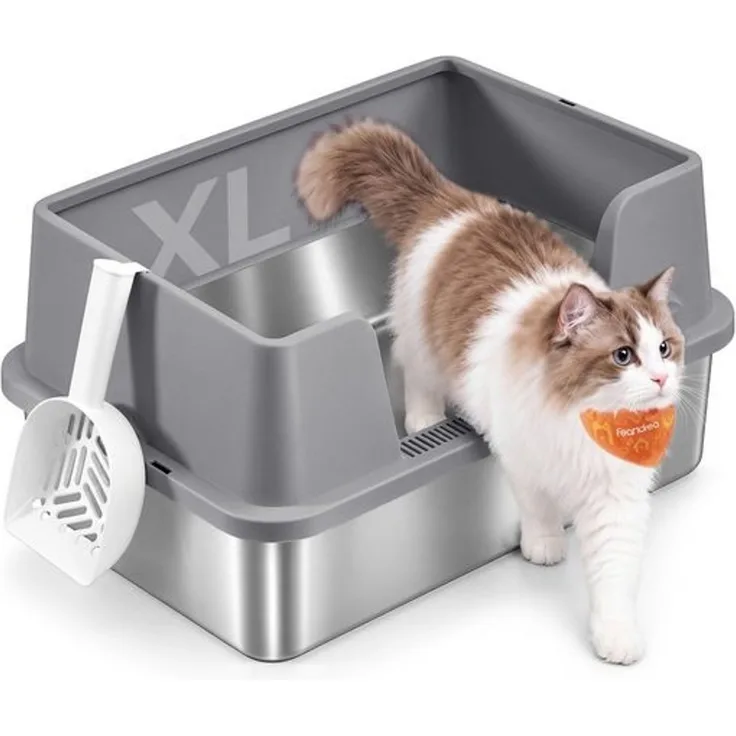 FEANDREA Edelstahl Katzenklo XXL Offen mit Hohem Rand 61 x 41 x 30 cm Taubengrau