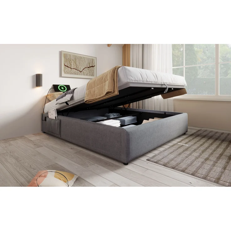Bettgestell, Baumwoll-Leinen mit Stauraum & USB-Anschluss, 140x200 cm, Grau, ohne Matratze – Bild 3
