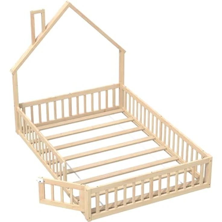 Ball & Cast Bodenbett (140x200 cm), Jugendbett und Hausbett mit Schornsteinform, Kinderbett 90x200 mit rausfallschutz, ohne Matratze, Natürlich – Bild 7