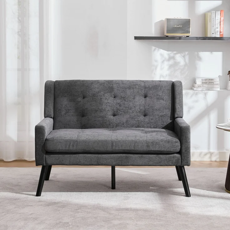 LVHOM 2-Sitzer Sofa aus Leinenstoff mit Knopfsteppung, Loveseat mit hochdichter Schaumstoffpolsterung und Massivholzbeinen, Stoffsofa für Wohnzimmer & Büro, bis 260kg, Dunkelgrau – Bild 6
