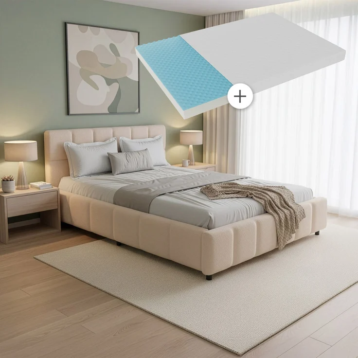 Juskys Polsterbett Florenz 140 x 200 cm mit Matratze – Bouclé, modernes Bett mit Kopf- & Fußteil, stabilem Holz- & Metallrahmen, Lattenrost, 500 kg Tragkraft – Beige – Bild 1