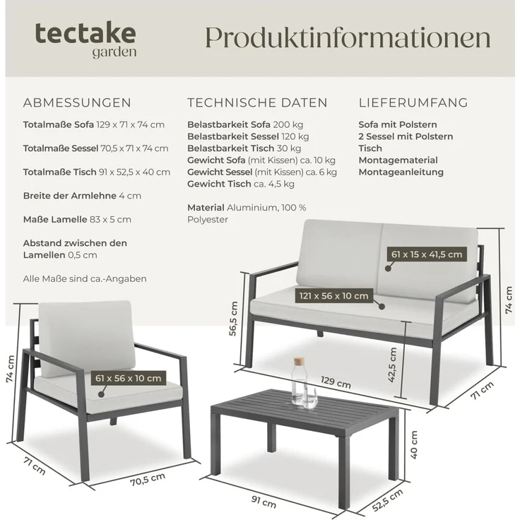 tectake Essgruppe Sitzgruppe, (Set, 4-tlg), mit Aluminiumgestell, für 4 Personen – Bild 6