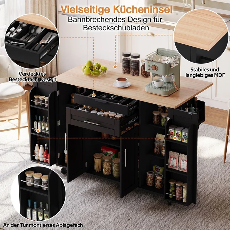 120×45cm,mobile Kücheninsel,Küchenwagen,ausziehbare Arbeitsplatte bis 70cm,verdeckte Besteckschublade,verstellbare Einlegeböden,Gewürzregal und Handtuchhalter,geeignet für Küche,Esszimmer oder Wohnzim – Bild 5
