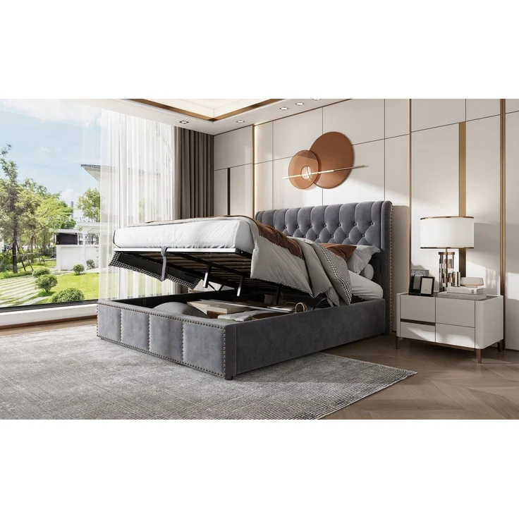 Odikalo Stauraumbett Polsterbett Lattenrost Polsterbank 140/180x200 cm, Samt, Grau/Weiss – Bild 2