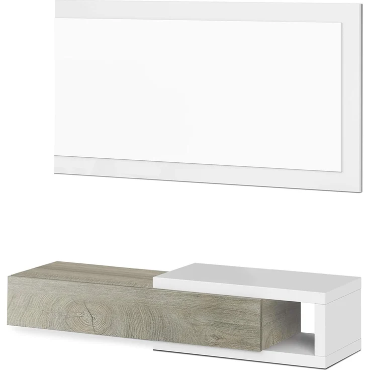 Flur mit Schublade und Spiegel, Eingangsmöbel, Modell Noon, Ausführung in Artik White und Alaska Oak, Maße: 95 cm (Breite) x 19 cm (Höhe) x 26 cm (Tiefe) – Bild 3
