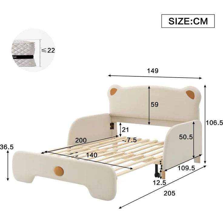 Polsterbett in Bärenform 140x200 cm, Kinderbett und Tagesbett mit Ausziehbett, weichen Schutzkanten und Samtbezug, Beige – Bild 10